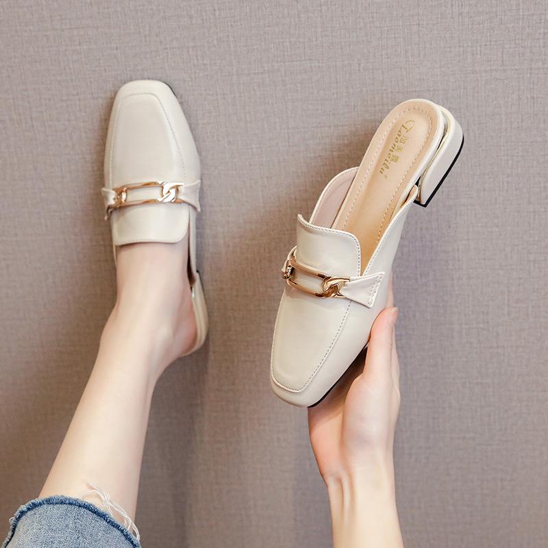 

2025 summer new net red bag head half slippers women wear thick heel middle heel fashion muller large size cool slippers women 33 абрикосовий