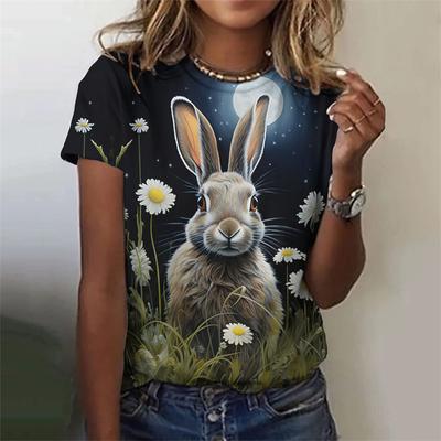 Camiseta Feminina com Estampa de Coelho Fofa Camisetas Divertidas de Animal com Estampa 3D Verão Casual Decote Redondo Tops Mangas Curtas Camisetas Soltas