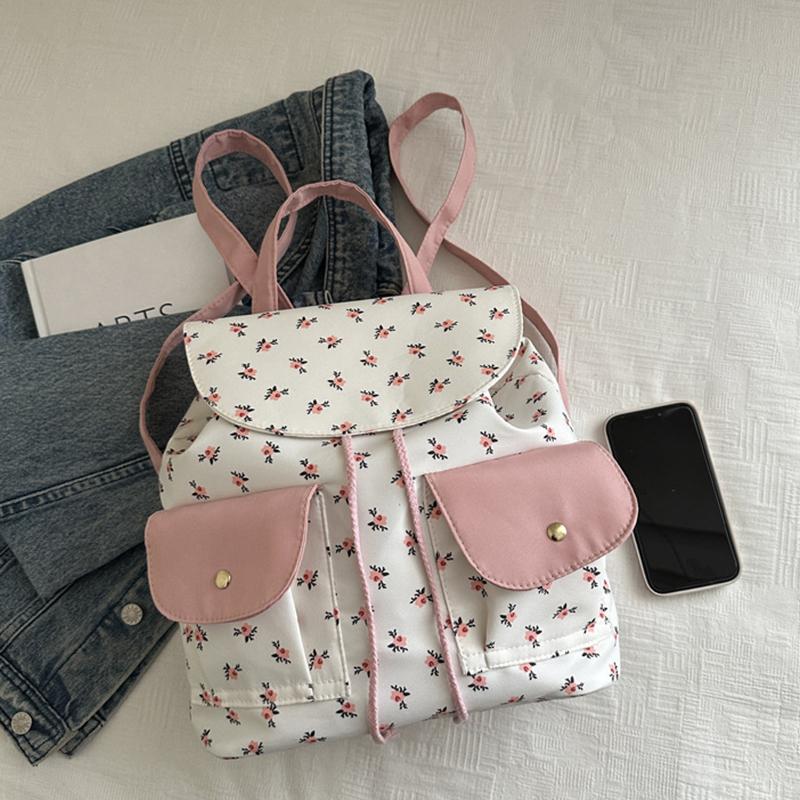 Women Floral Backpack Stylish Laptop Backpack Large Capacity Students School Bag Multi-pockets Adjustable Strap Nylon Backpack