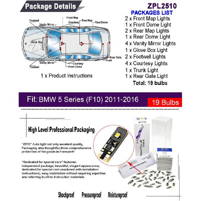 

ZIYO LED Interior Light Kit Replacement for BMW 5 Series 2004-2016, 6000K Xenon White Dome Light Bulbs Upgrade Error Free (F10 Sedan 2011-2016 (19