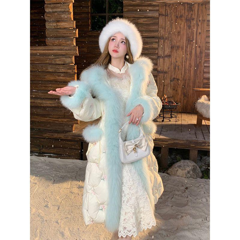 Sweet Girly Big Fur Collar Long Down Jacket Embroidered Waist Jacket Fashionable Winter Women's Down Jacket