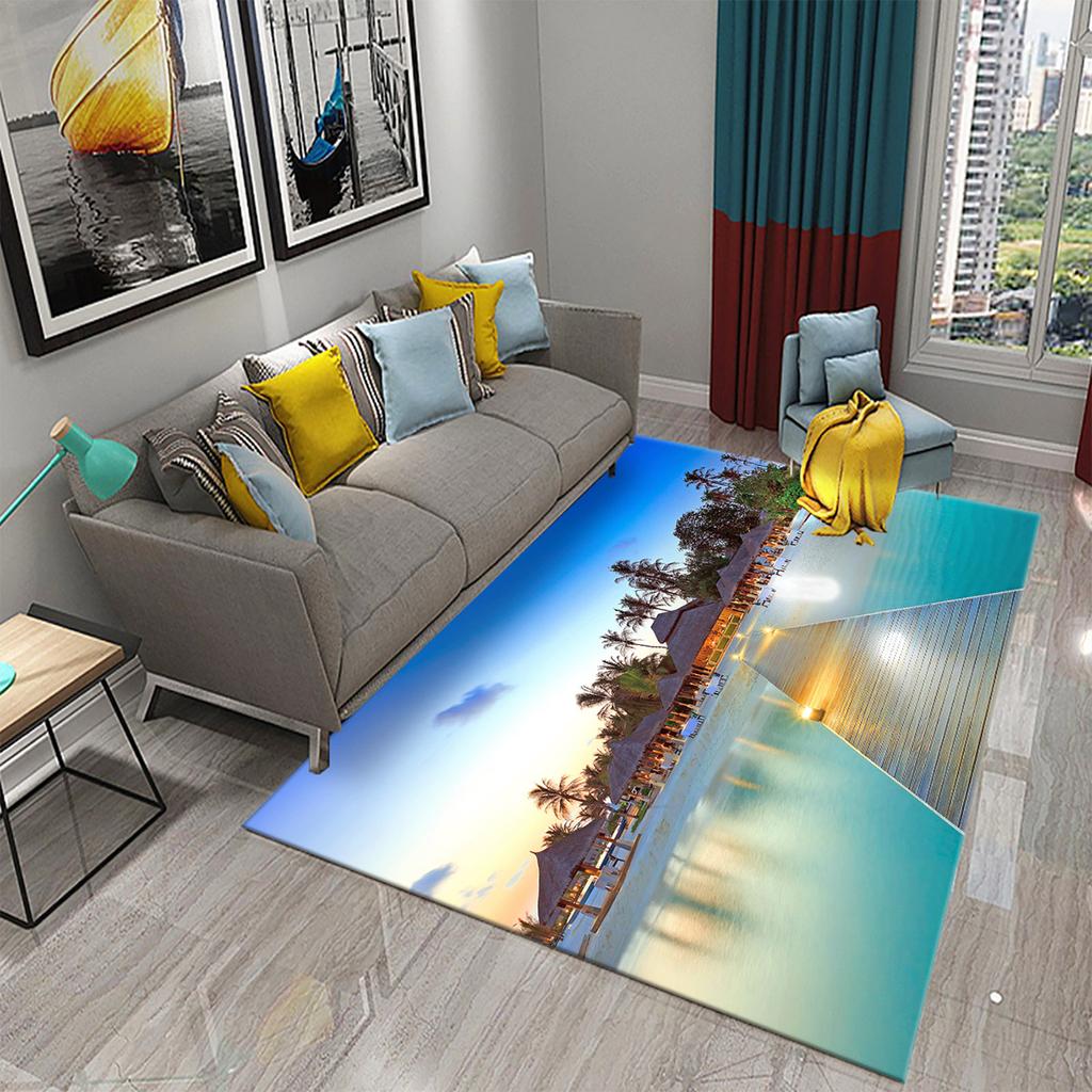 3D Tropical Island Ocean Beach Print Carpet for Kitchen Bathroom Living Room Bedroom Non-slip Absorbent Modern Home Decor Carpet