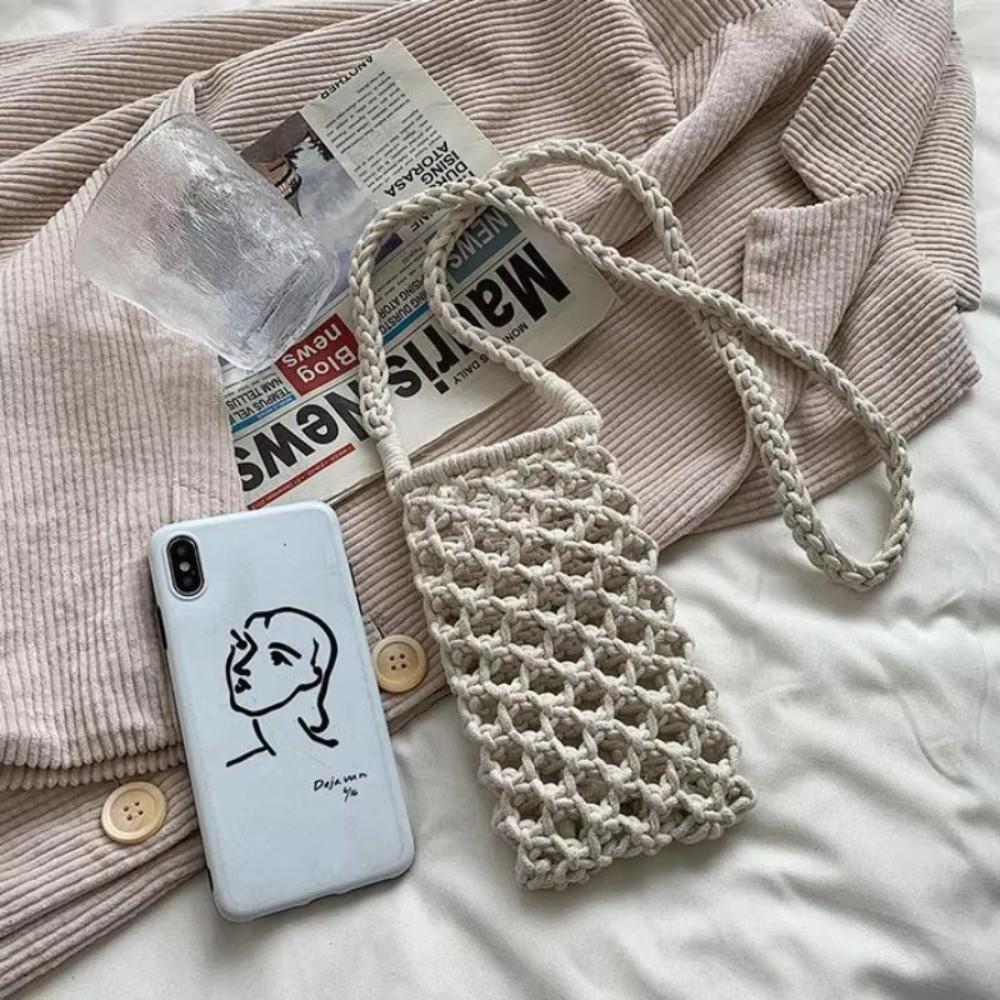 Fashion Portable Phone Purse Solid Color Crochet Lightweight Shoulder Handbag Hollow-out Woven Mobile Phone Bag Gifts