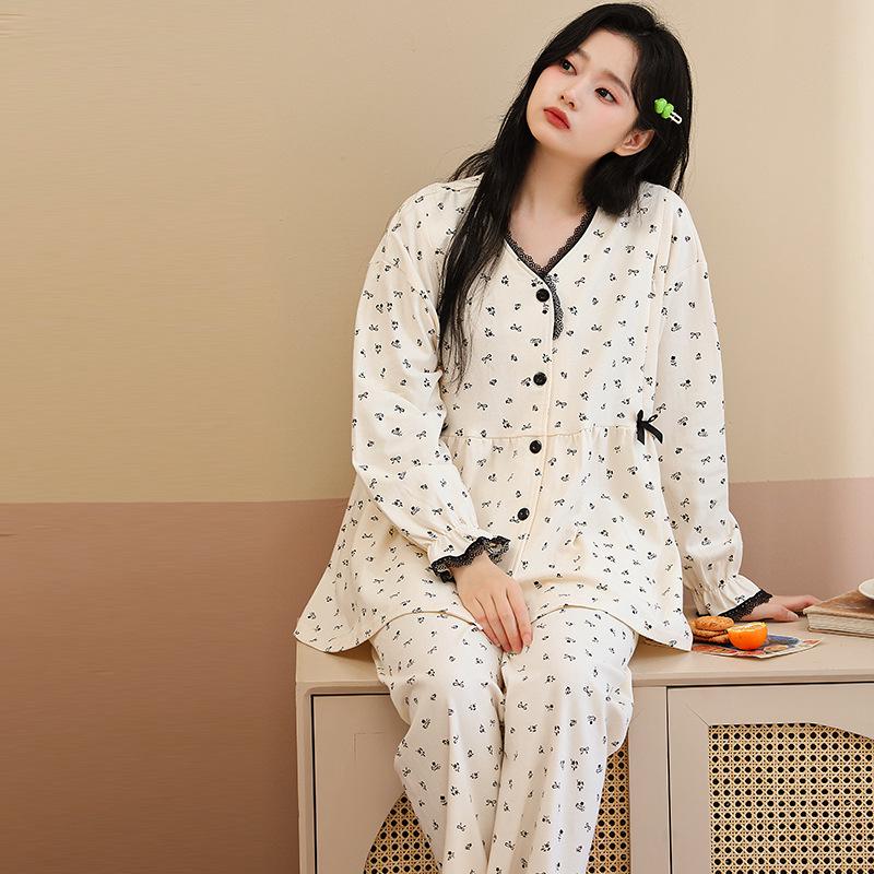 2025 Frühling/Sommer Reine Baumwolle Umstandspyjama für die Zeit nach der Geburt und zum Stillen - Atmungsaktiver Langarm-Cardigan Homewear