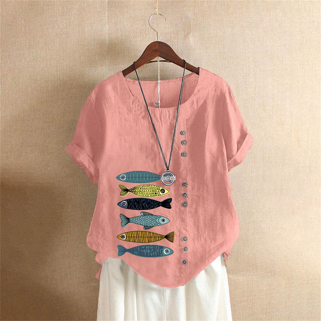 Sommer Übergröße Baumwolle und Leinen Kurzarm T-Shirt, Baumwolle und Leinen Bedruckte Übergröße Damenbekleidung