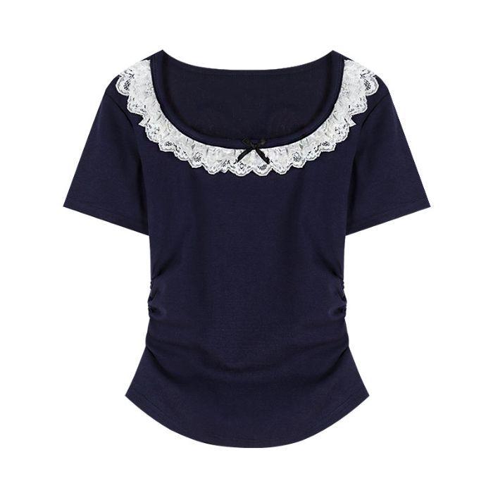 

Летняя футболка для милой девочки из чистого хлопка с кружевом в виде бабочек, приталенного силуэта, 2025 S