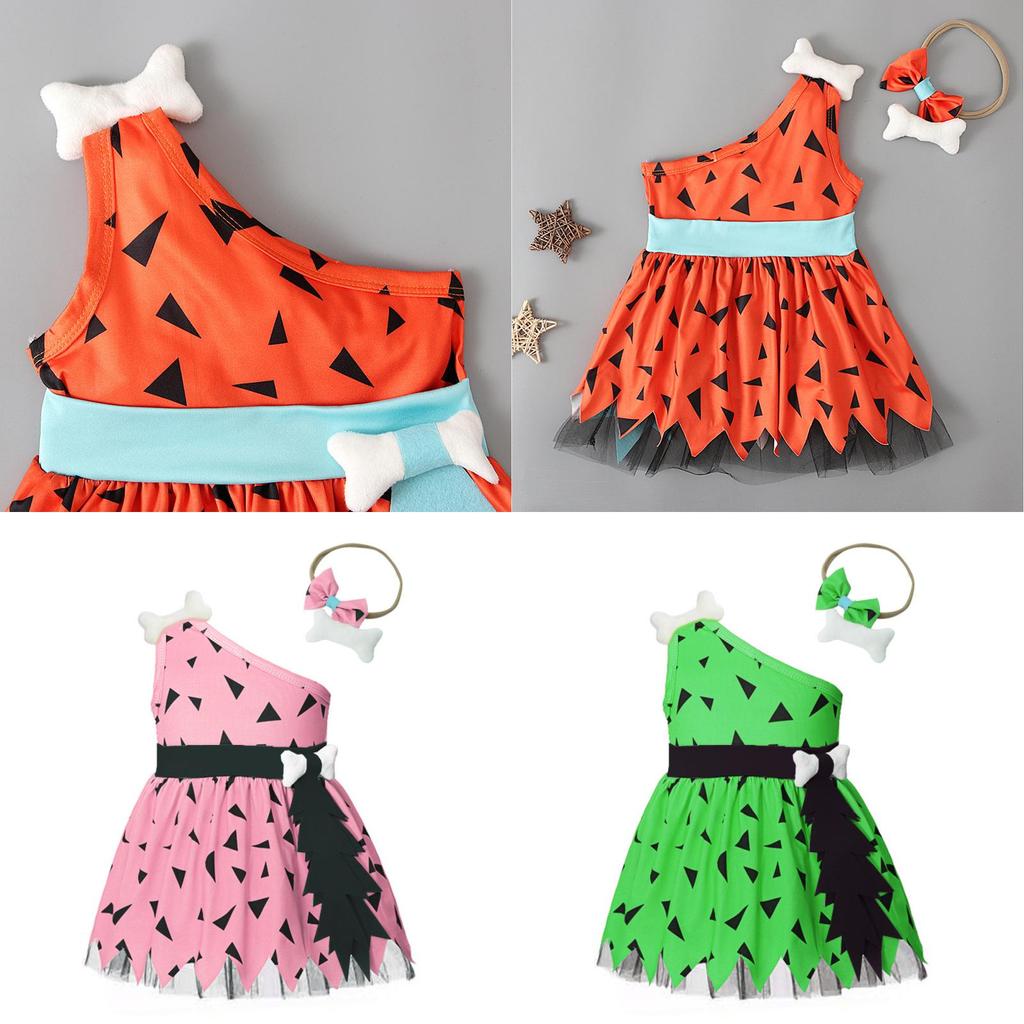 Vestito estivo per bambini The Croods per Halloween in cotone con fascia per capelli per neonati