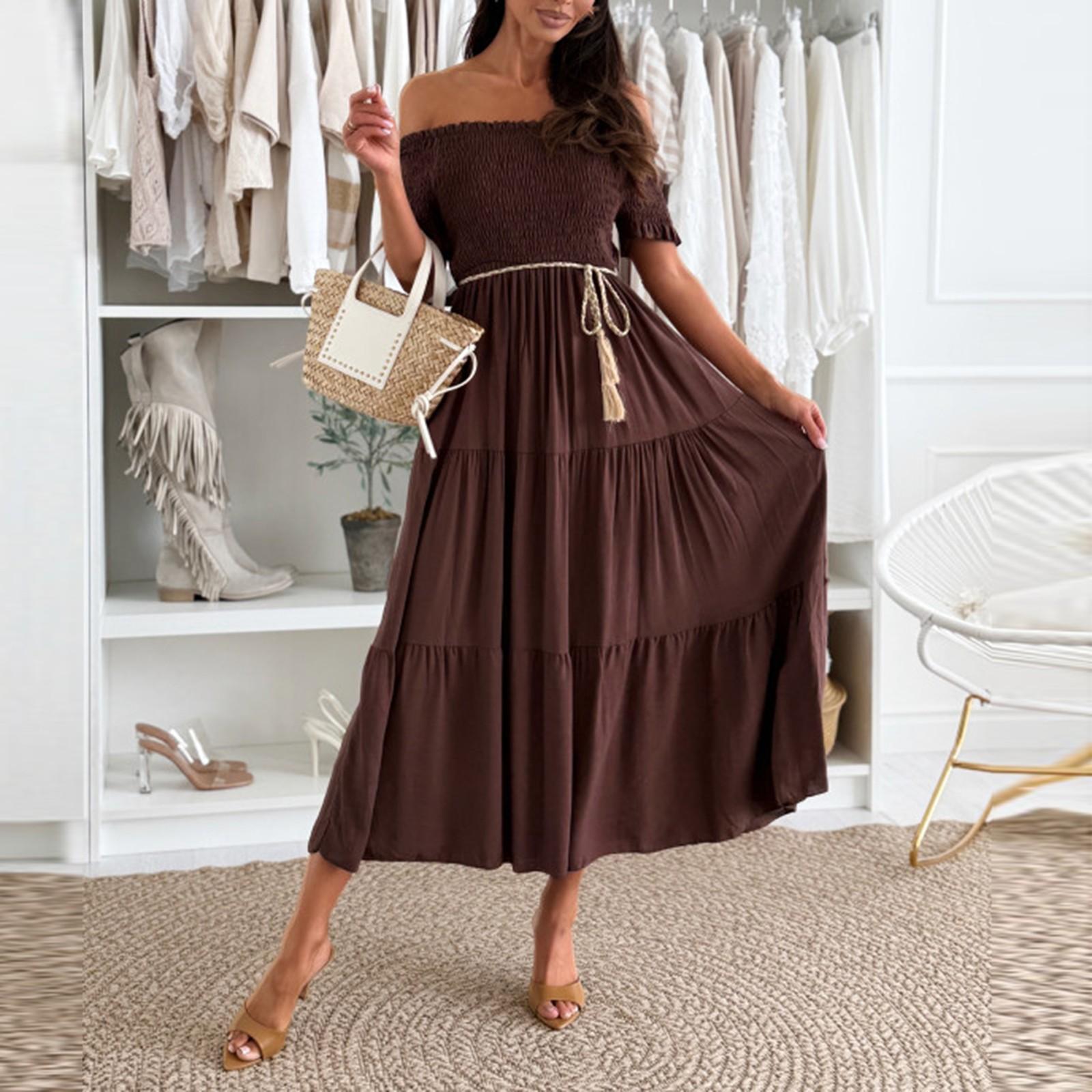 

Женское повседневное платье на одно плечо, с короткими рукавами, эластичной талией на ремешке, однотонное, со строчкой XXL кофейный