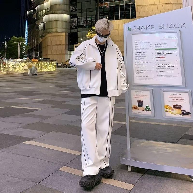 Pánská trendy volná bunda a kalhoty: Korejský styl jednobarevný na jaro a podzim