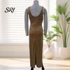 Noble Color Women Dress Women's Satin Ruched High Slit Bodycon Maxi Sexy Sleeveless Evening Cocktail Party Wedding Guest Formal Prom Gown