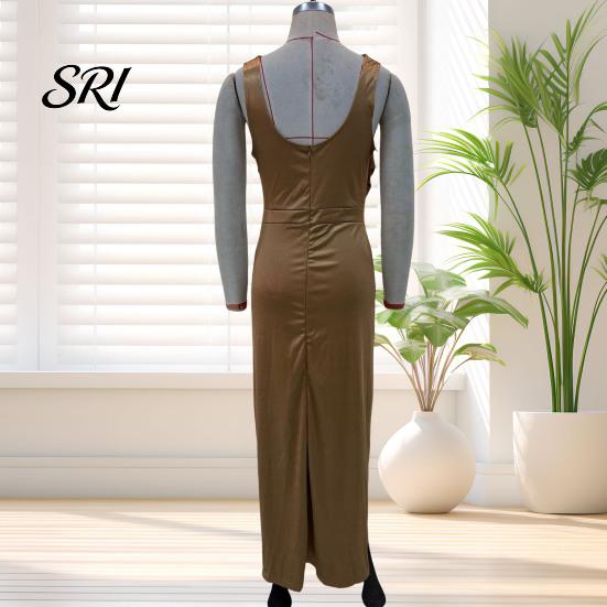 Noble Color Women Dress Women's Satin Ruched High Slit Bodycon Maxi Sexy Sleeveless Evening Cocktail Party Wedding Guest Formal Prom Gown