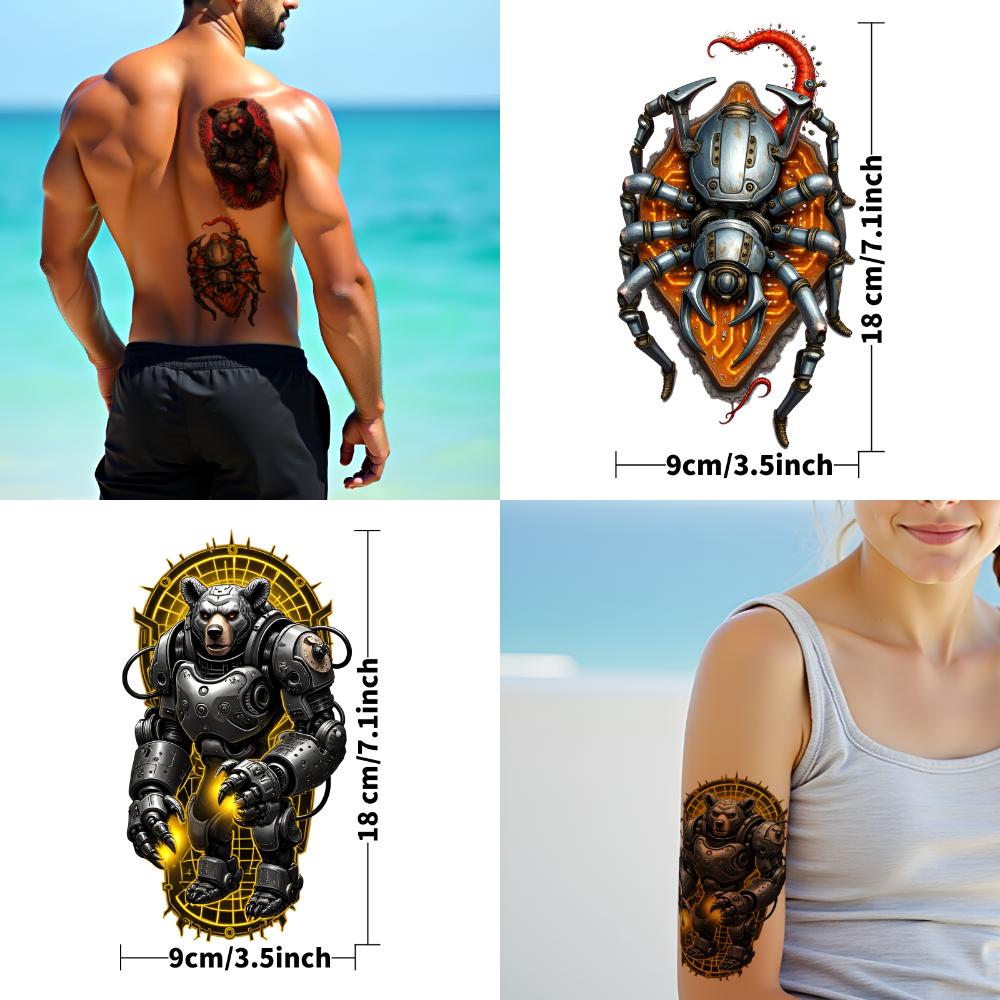 3pcs Temporary Tattoo Colorful Realism Metal Insect Robot Gorilla Cybernetic Arachnid For Adults Arms Thighs