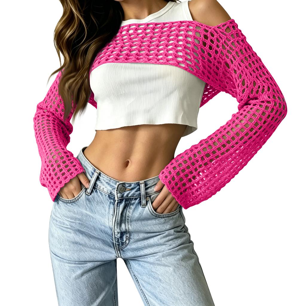 Women's Sunscreen Hollow Long Sleeve Backless Bikini Beach Dress Knit Sweater Cover-Up