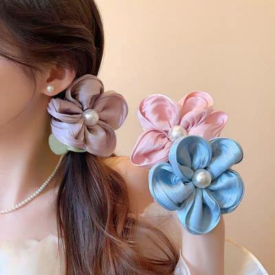 Haargummi Handgemacht Satinblume Dekoration Haargummi mit Imitationsperlen Großes Elastisches Weiches Haarband Herbst Winter Haaraccessoires