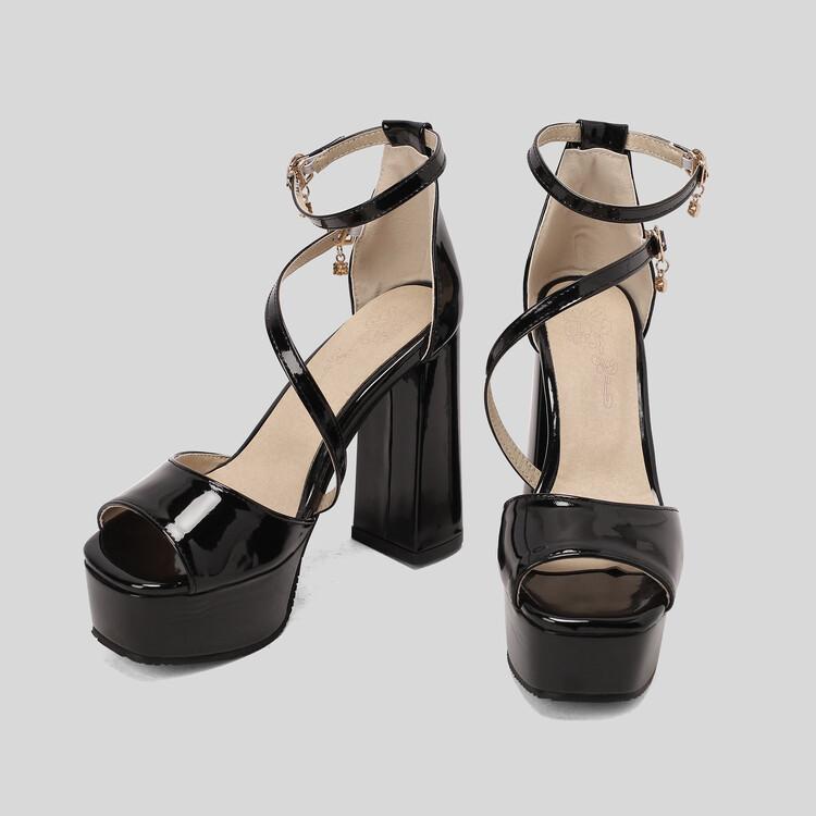 FOREADA Women Pumps Platform Thick High Heels Peep Toe Ankle Strap Crystal Buckle Party Sexy Spring Autumn Shoes Black White