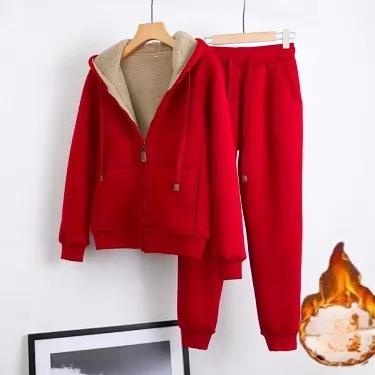 Damen Herbst- und Winter-Sportanzug mit Plus-Samt-Verdickung, Damen Locker und Schlank, Lässig, Zweiteilig, Westlicher Stil