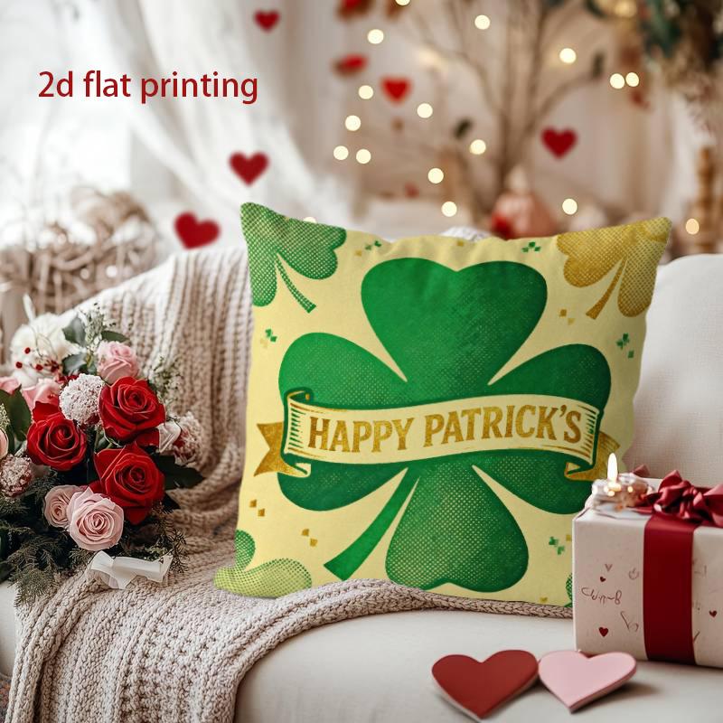 Happy Patrick's Day Shamrock-Printed Decorative Pillow Pattern Cushion Cover Suitable for Sofa Bedroom Car Pillow Cover