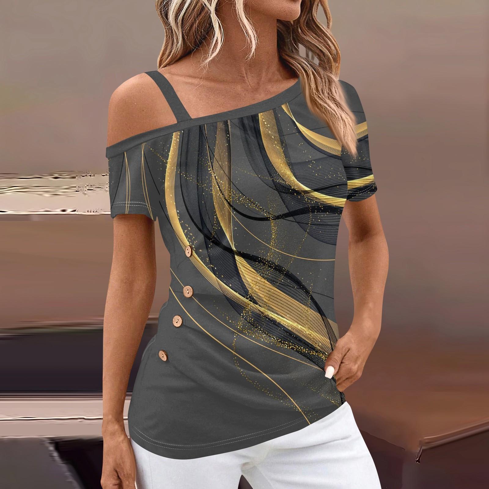 

Женские топы с открытыми плечами, плиссированные футболки с асимметричным вырезом и короткими рукавами, принты L