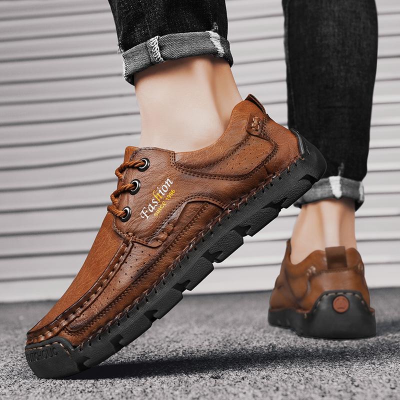 Fashion New Leather Men's Hiking Shoes Lace-up Man Light Flats Comfortable Outdoor Driving Flats Fashion Stylish Casual Shoes for Men