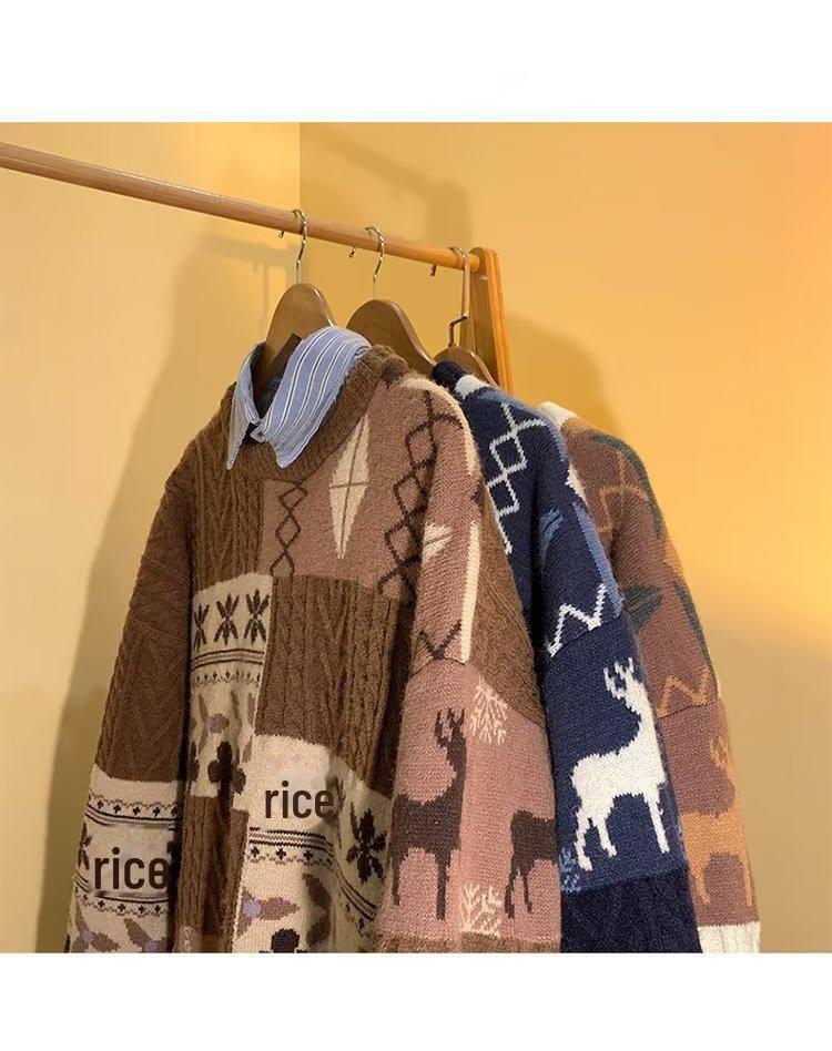 Pánský japonský retro zimní svetr - Trendy volný pulovr s kulatým výstřihem