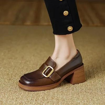 Fashion 2024 Women Platform Shoes Mid Heeled Oxford Pumps Slip-on Square Toe Retro High Heel Black Spring New Leather Heels Loafers