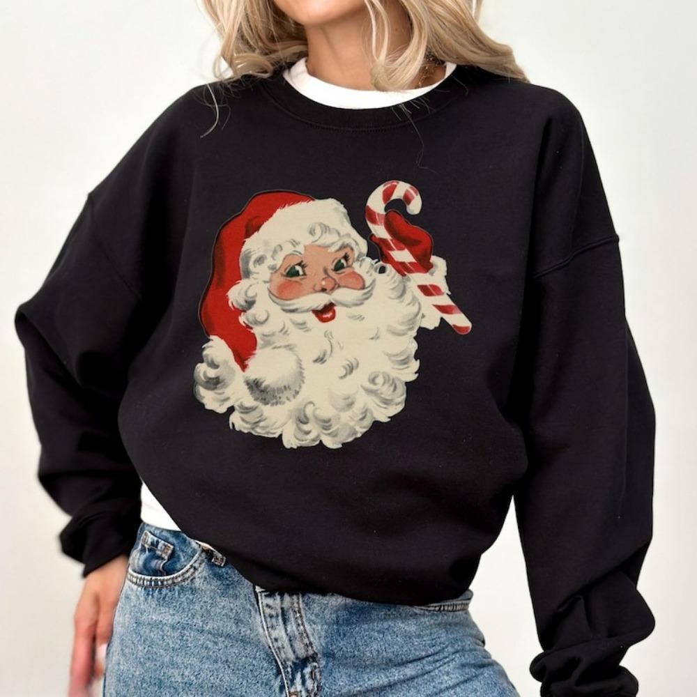 Świąteczna bluza z okrągłym dekoltem Vintage Święty Mikołaj Sweter Retro Świąteczny Claus Jesień i Jesień i Zima Długi Rękaw Termiczny Damska Bluza z Kapturem