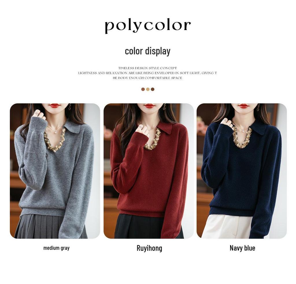 Women's V-Neck Rhinestone Embellished Long Sleeve Polo Collar Sweater
