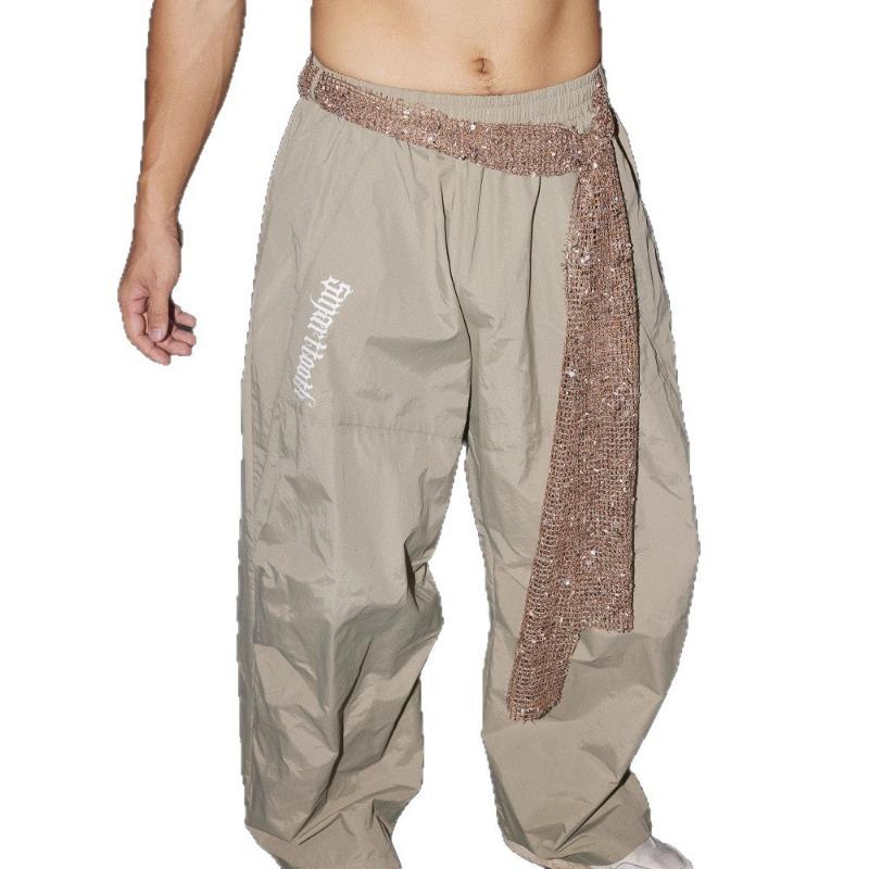 High Street Slack Sequins Straps Scimitar Casual Pants Men's and Women's Pleated Paratrooper Pants Loose Wide Leg Overalls