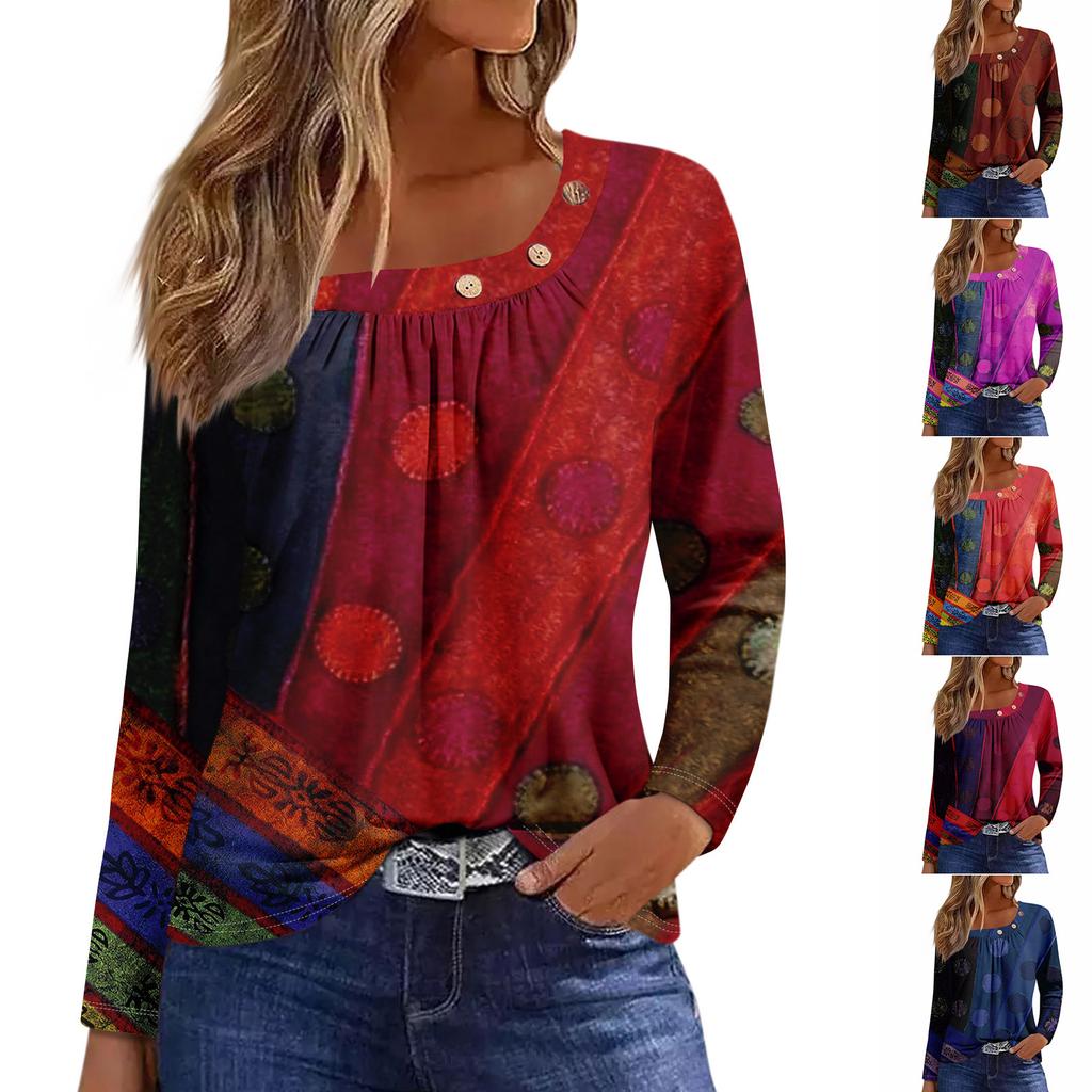 Long Sleeve Blouses For Women Casual O-Neck Button Down Shirt Solid Blouse Tops Loose Fit Fall Shirt Top