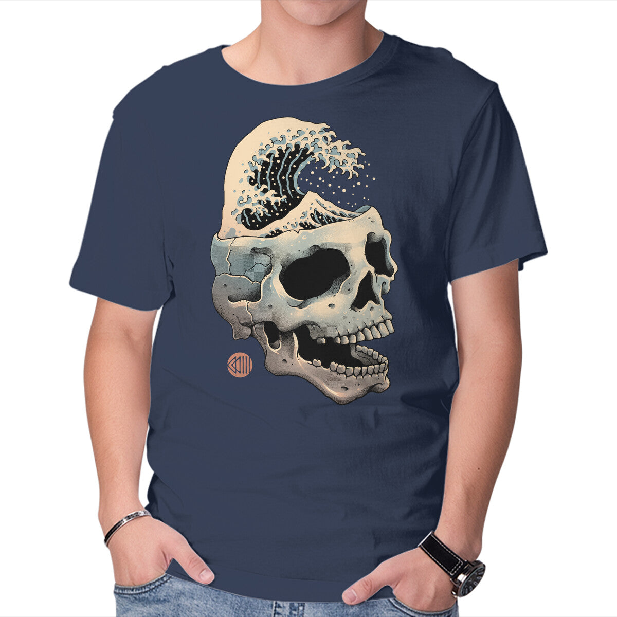 Unisex Crew Neck T-Shirt Skull Wave Graphic Short Sleeve Casual Tee S