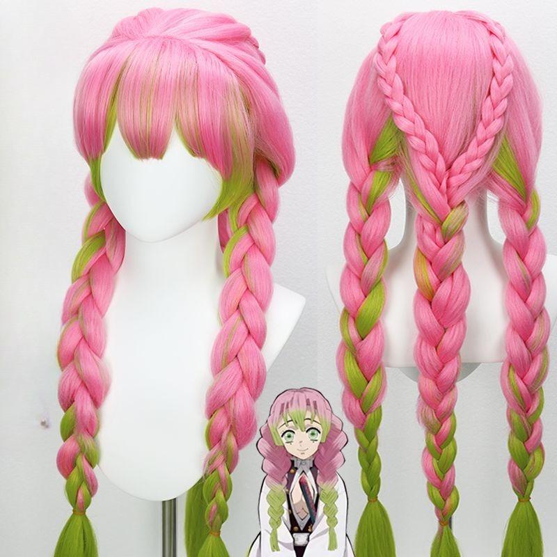 Demon Slayer: Kimetsu No Yaiba - Kanroji Mitsuri Cosplay Wig Corn Silk Rose Network Pink-Green Gradient Braided Princess