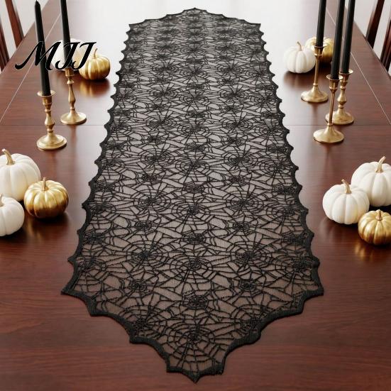 Retro Castle Table Runner Halloween Runner, Black Lace Spider Web Runners, 17.7 X Hollow Tablecloth 70.9Inch for Home Party Dinner Kitchen Mantel