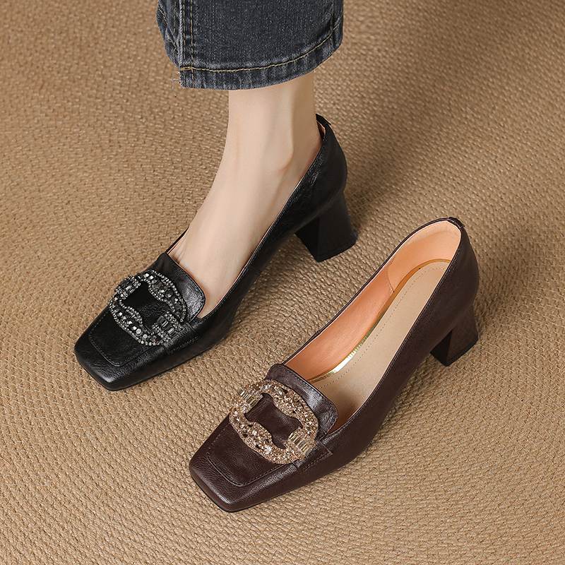 Krazing Pot Vintage Sheepskin Summer Autumn Thick High Heels Party Shoes Women Square Toe Crystal Buckle Wedding Pumps