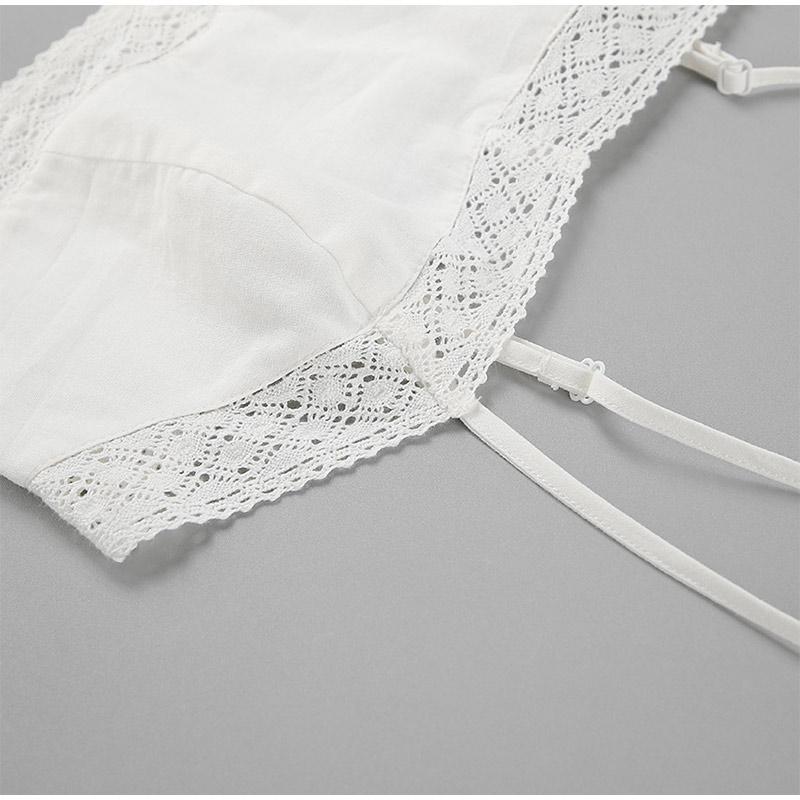 Summer Lace White Cotton and Linen Women's Suit Holiday Beach Suspender Square Neck Short Top + Mid Skirt Two-piece Set