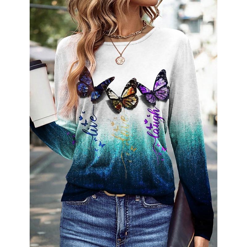 Modischer Damenpullover mit Blumen-/Schmetterlingsgrafik, lässige Streetwear, O-Ausschnitt, Basic, langärmeliges T-Shirt, mikroelastisches Sweatshirt