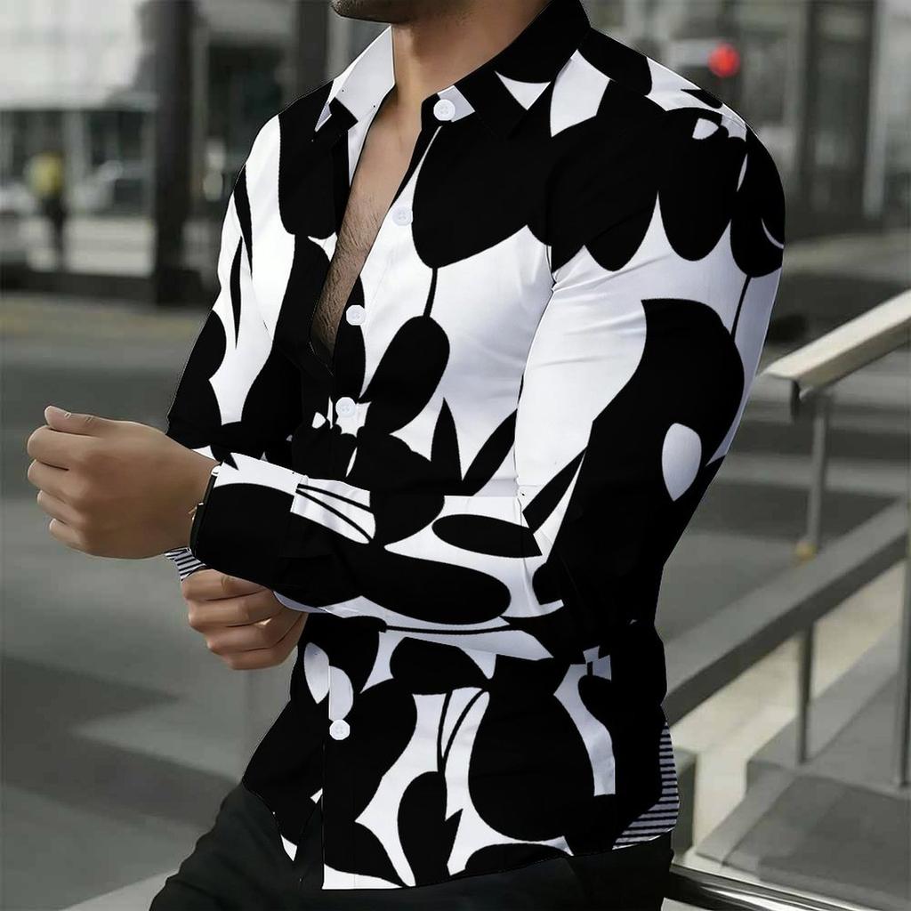 Camisa de Hombre con Cuello Estampado Floral Azul Blanco Diminuto por Todas Partes Manga Larga Botones