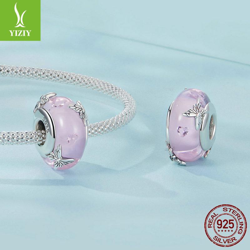 Pink Butterfly Diy Bracelet Glazed Beads, Sweet Girly Wind S925 Sterling Silver Lucky Beads