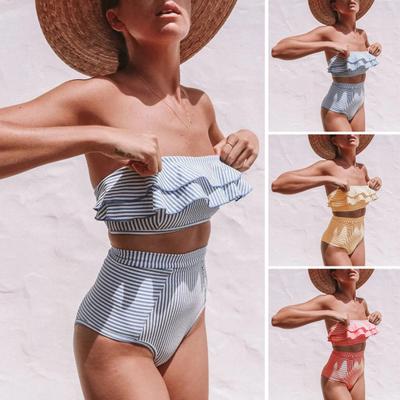 Juego de 2 Piezas de Bikini para Mujer con Volantes Bandeau Sujetador Push-Up Acolchado Braguita de Cintura Alta