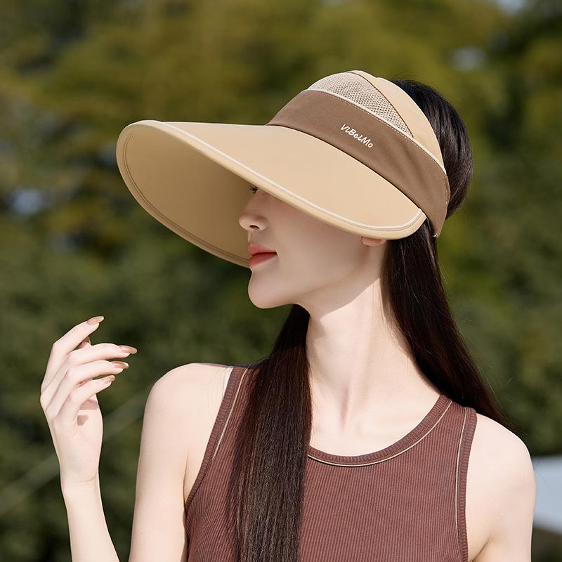 Women's Summer Open-Top Sun Hat, Ice Silk Cool Feeling, Wide Brim, UV Protection, Outdoor Beach Ponytail Hat