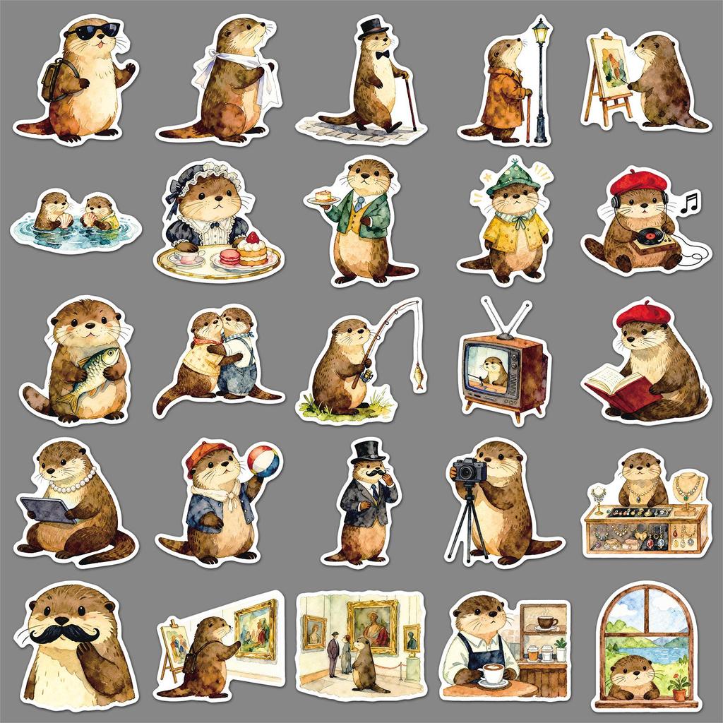 50 Cartoon Otter Stickers - Cute, Retro, Waterproof for DIY Journals & Storage Boxes