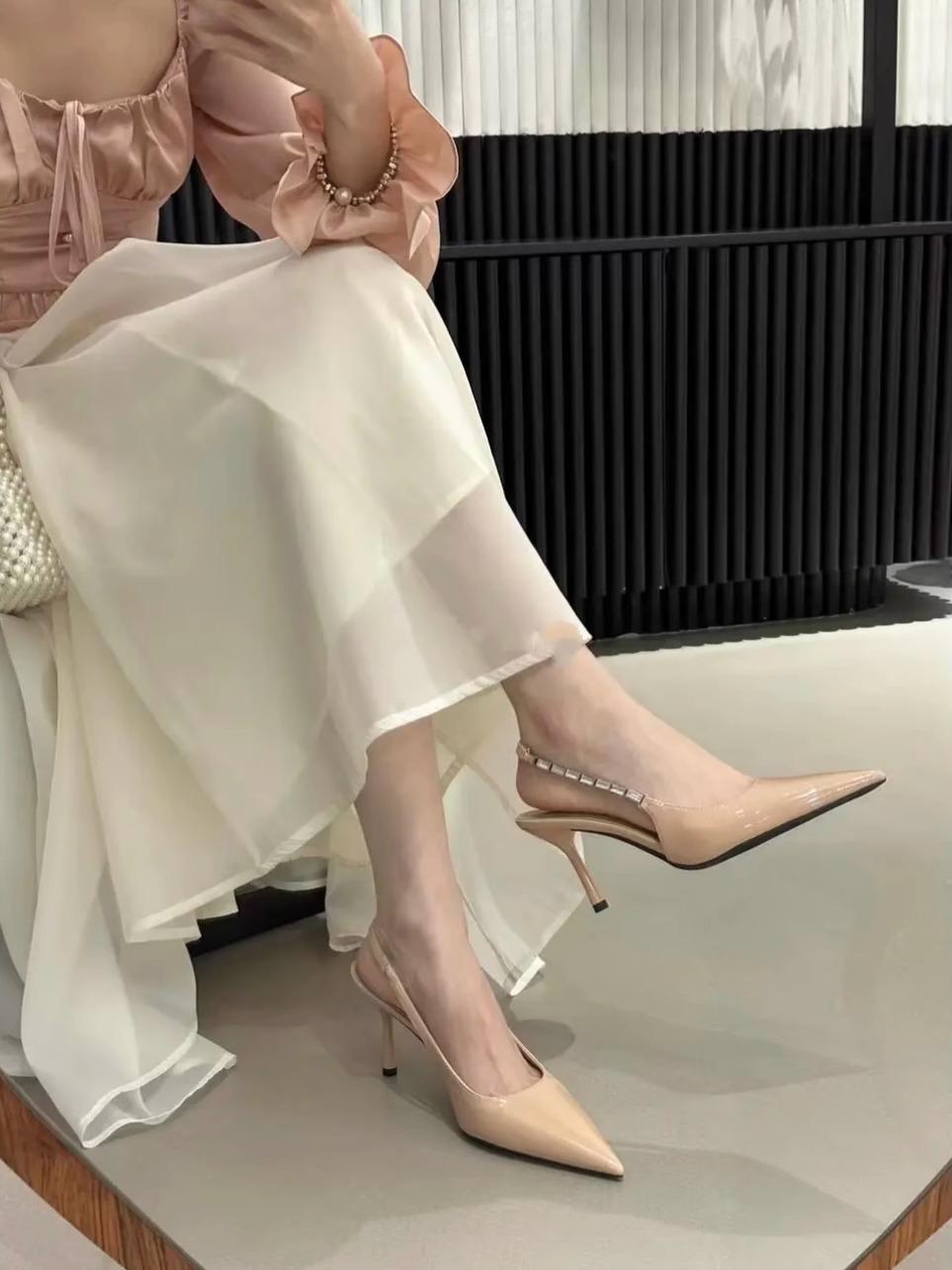

French naked pink pointed rhinestone high heels women s spring and summer silver temperament bag head sandals thin heel empty shoes 35