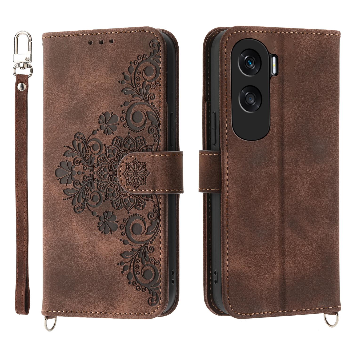 

Wallet Phone Case for Honor X50i 5G/90 Lite 5G Imprinted Flower Skin-Touch Leather Cover with Strap Brown