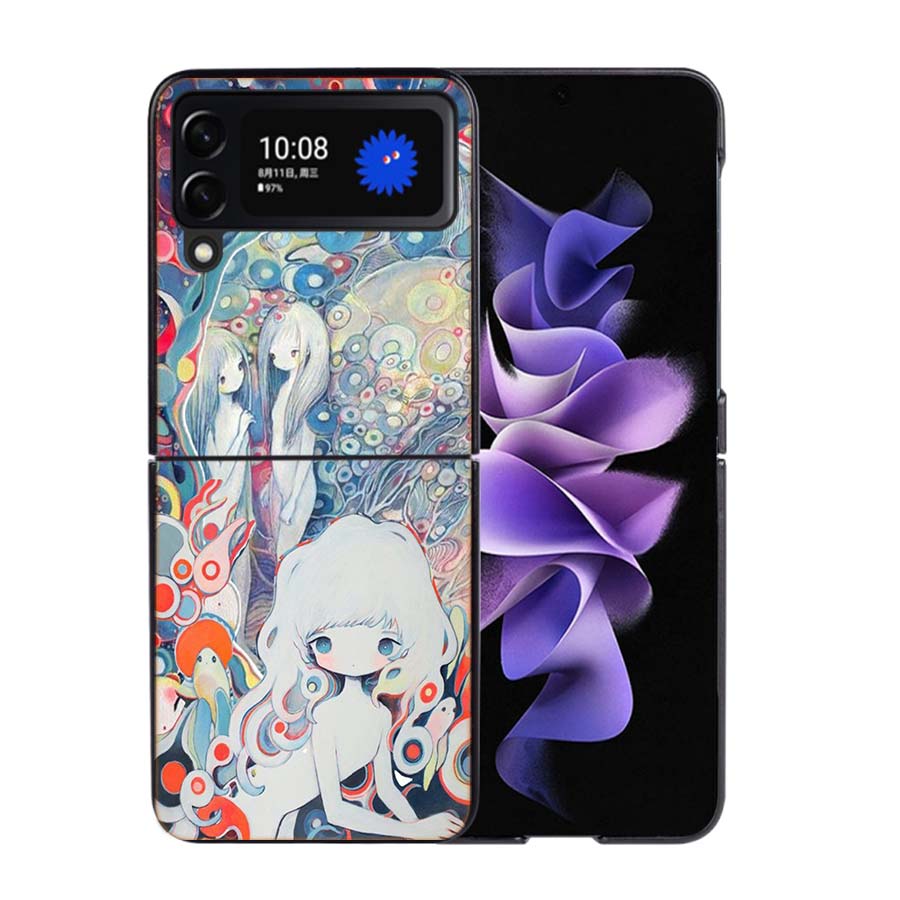 K-KikuoS Art Cute Phone Case For Samsung Z Flip 7 6 5G Galaxy Z Flip4 Z Flip5 Z Flip3 Coque Black Hard PC Shell Protective Cover