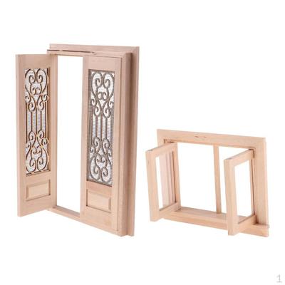 1/12 Dollhouse Miniature Furniture Set - Exterior Hollow Screen Door & Pane Window Unpainted Wooden