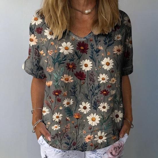 Women T-shirt V-neck Short Sleeve Flower Printed Tee Shirt Loose Fit Dropped Shoulder Sleeve