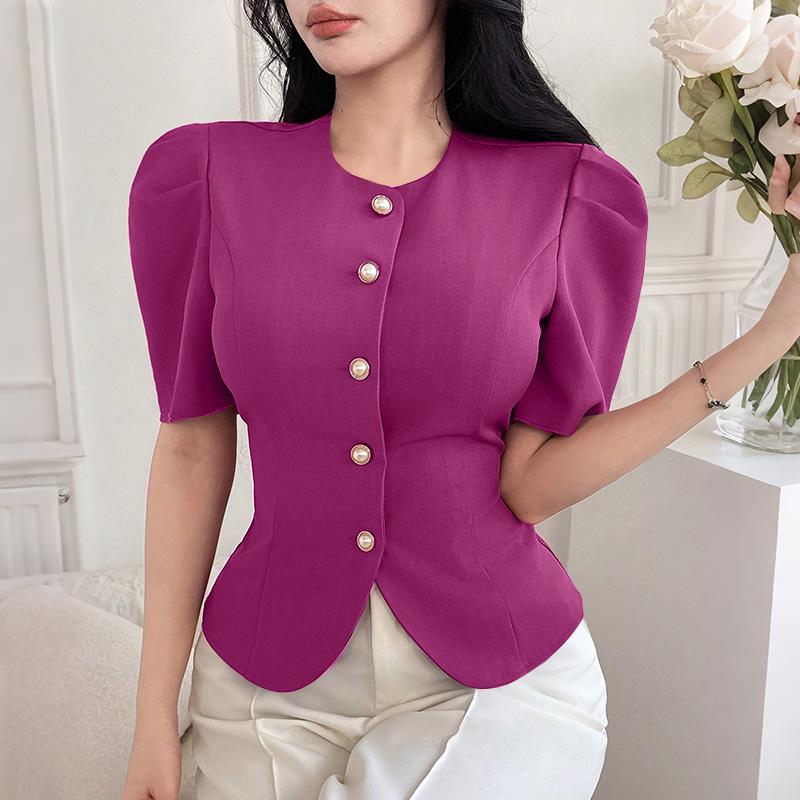 

ZANZEA Женская повседневная блузка с круглым вырезом, летняя, с коротким рукавом, приталенная фиолетовый