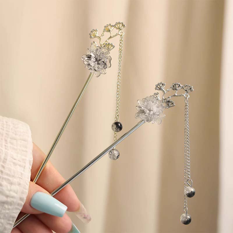 Bastoncino per Capelli con Nappa a Fiore d'Inchiostro in Metallo Vintage per Donne Moda Perline Rotonde Frangia Fermaglio per Capelli Hanfu Gioielli per Capelli Accessori