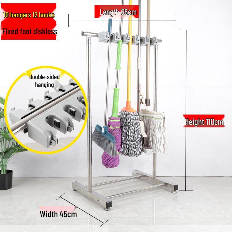 Stainless Steel Floor-standing Mop and Broom Rack with Balcony Storage