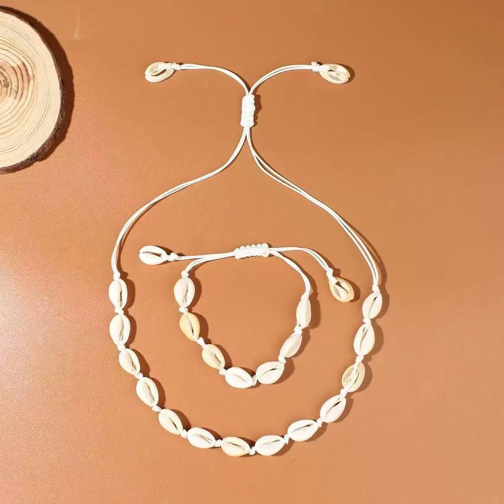 European-American Shell Wax Cord Necklace & Bracelet Set for Women - Bohemian Beach Vacation