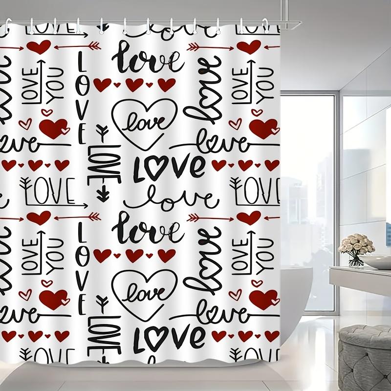 Love Heart Pattern Shower Curtain Romantic Bathroom Decor Valentine'S Day Theme Waterproof Bath Curtain Black Red Design